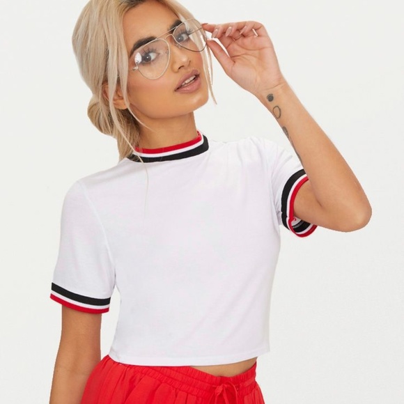 PrettyLittleThing Tops - Prettylittlething White Sport Trim Crop T Shirt